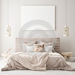 Mock up poster frame in modern interior background, bedroom, Scandinavian style, 3D render photo