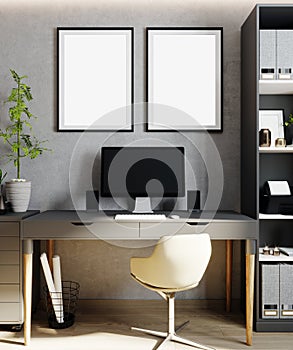 mock up poster frame in modern interior background, cabinet, Scandinavian style, 3D render, 3D illustration