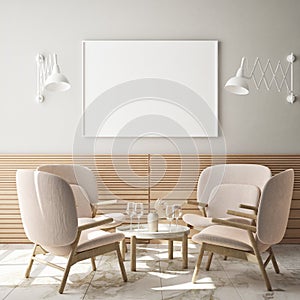 Mock up poster frame in modern interior background, cafe, restaurant, 3D render