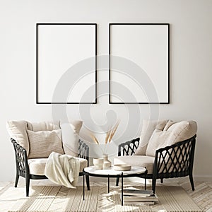Mock up poster frame in modern interior background, close up, livingroom, Scandinavian style, 3D render photo