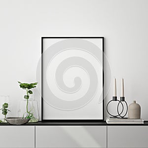 Mock up poster frame in modern interior background, close up, livingroom, Scandinavian style, 3D render