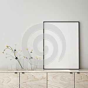 Mock up poster frame in modern interior background, close up, livingroom, Scandinavian style, 3D render