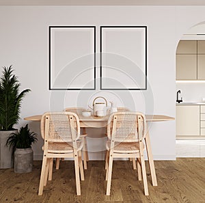 Mock up poster frame in modern interior background, dining room, Scandinavian style, 3D render