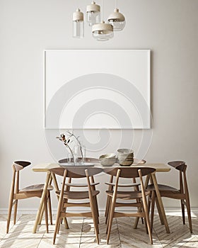 Mock up poster frame in modern interior background, dinning room, Scandinavian style, 3D render, 3D illustration