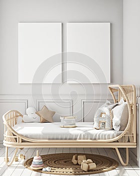 Mock up poster frame in modern interior background, kids bedroom, Scandinavian style, 3D render