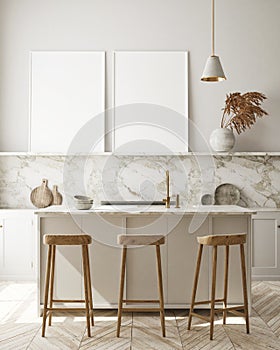 Mock up poster frame in modern interior background, kitchen, Scandinavian style, 3D render photo