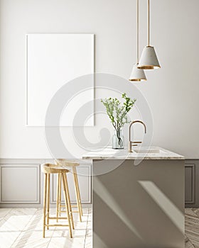 Mock up poster frame in modern interior background, kitchen, Scandinavian style, 3D render