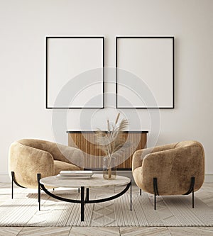 Mock up poster frame in modern interior background living room Art Deco style 3D render