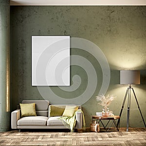 Mock up poster frame in modern interior background, living room, Boho - Scandinavian style, 3D render, 3D illustration