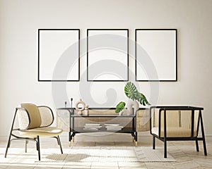 Mock up poster frame in modern interior background living room minimalistic style 3D render