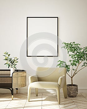 Mock up poster frame in modern interior background living room minimalistic style 3D render