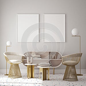 Mock up poster frame in modern interior background living room minimalistic style 3D render