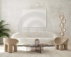 Mock up poster frame in modern interior background living room minimalistic style 3D render