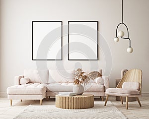 Mock up poster frame in modern interior background living room minimalistic style 3D render