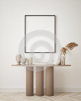 Mock up poster frame in modern interior background living room minimalistic style 3D render