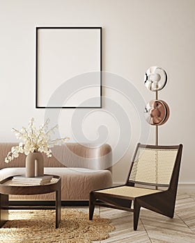 Mock up poster frame in modern interior background living room minimalistic style 3D render