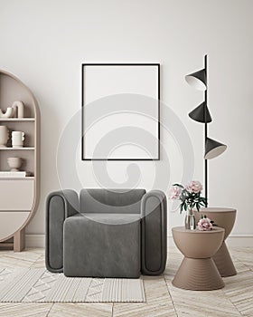 Mock up poster frame in modern interior background living room minimalistic style 3D render