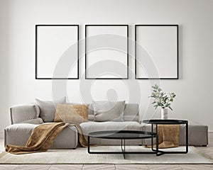 Mock up poster frame in modern interior background living room minimalistic style 3D render photo
