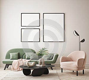 Mock up poster frame in modern interior background living room minimalistic style 3D render photo