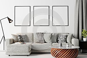Mock up poster frame in modern interior background, living room, Scandinavian style, 3D illustration