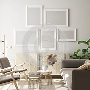 Mock up poster frame in modern interior background, living room, Scandinavian style,3D illustration, 3D render