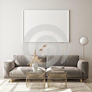 Mock up poster frame in modern interior background, living room, Scandinavian style,3D illustration, 3D render