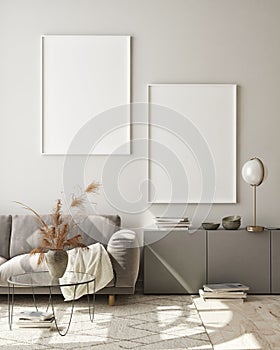 Mock up poster frame in modern interior background, living room, Scandinavian style,3D illustration, 3D render