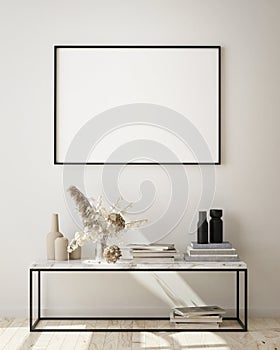 Mock up poster frame in modern interior background, living room, Scandinavian style,3D illustration, 3D render