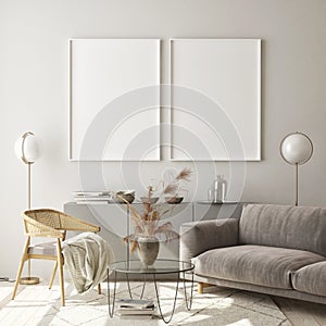 Mock up poster frame in modern interior background, living room, Scandinavian style,3D illustration, 3D render