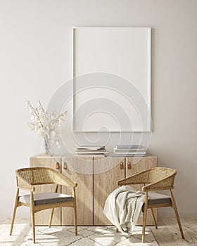 Mock up poster frame in modern interior background, living room, Scandinavian style,3D illustration, 3D render