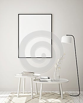 Mock up poster frame in modern interior background, living room, Scandinavian style,3D illustration, 3D render