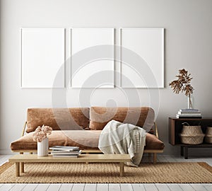 Mock up poster frame in modern interior background, living room, Scandinavian style, 3D render