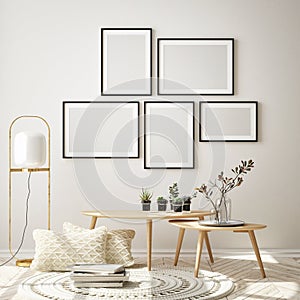 Mock up poster frame in modern interior background, living room, Scandinavian style, 3D render