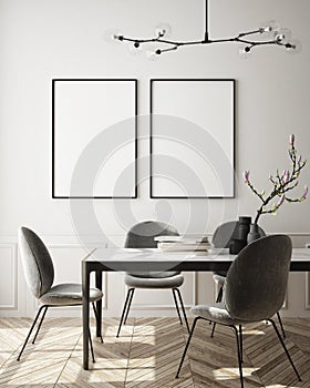 Mock up poster frame in modern interior background, living room, Scandinavian style, 3D render