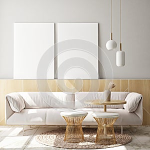 Mock up poster frame in modern interior background, living room, Scandinavian style, 3D render