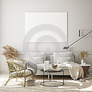 mock up poster frame in modern interior background, living room, Scandinavian style, 3D render