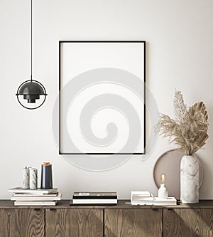 Mock up poster frame in modern interior background, living room, Scandinavian style, 3D render