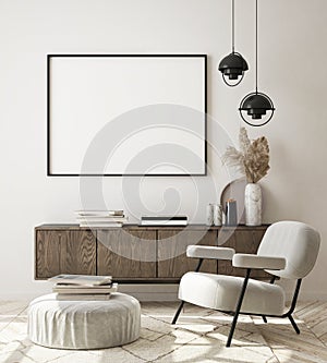 Mock up poster frame in modern interior background, living room, Scandinavian style, 3D render