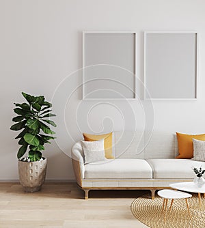 Mock up poster frame in modern interior background, living room, scandinavian style, 3d render