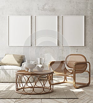 Mock up poster frame in modern interior background, living room, Scandinavian style, 3D render