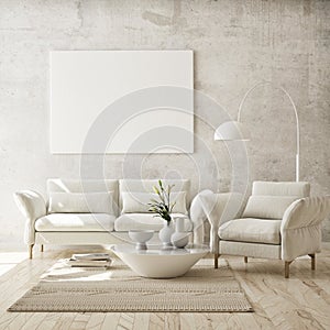 Mock up poster frame in modern interior background, living room, Scandinavian style, 3D render