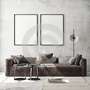 Mock up poster frame in modern interior background, living room, Scandinavian style, 3D render