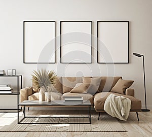 Mock up poster frame in modern interior background, living room, Scandinavian style, 3D render