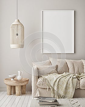 Mock up poster frame in modern interior background, living room, Scandinavian style, 3D render