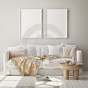 Mock up poster frame in modern interior background, living room, Scandinavian style, 3D render