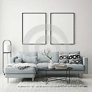 Mock up poster frame in modern interior background, living room, Scandinavian style, 3D render