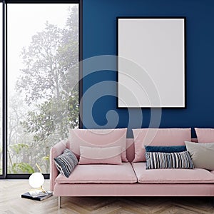 Mock up poster frame in modern interior background, living room, scandinavian style, 3d render