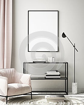 Mock up poster frame in modern interior background, living room, Scandinavian style, 3D render, 3D illustration