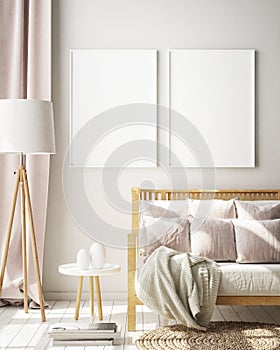 Mock up poster frame in modern interior background, living room, Scandinavian style, 3D render, 3D illustration