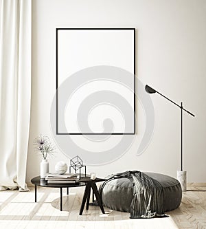 Mock up poster frame in modern interior background, living room, Scandinavian style, 3D render, 3D illustration